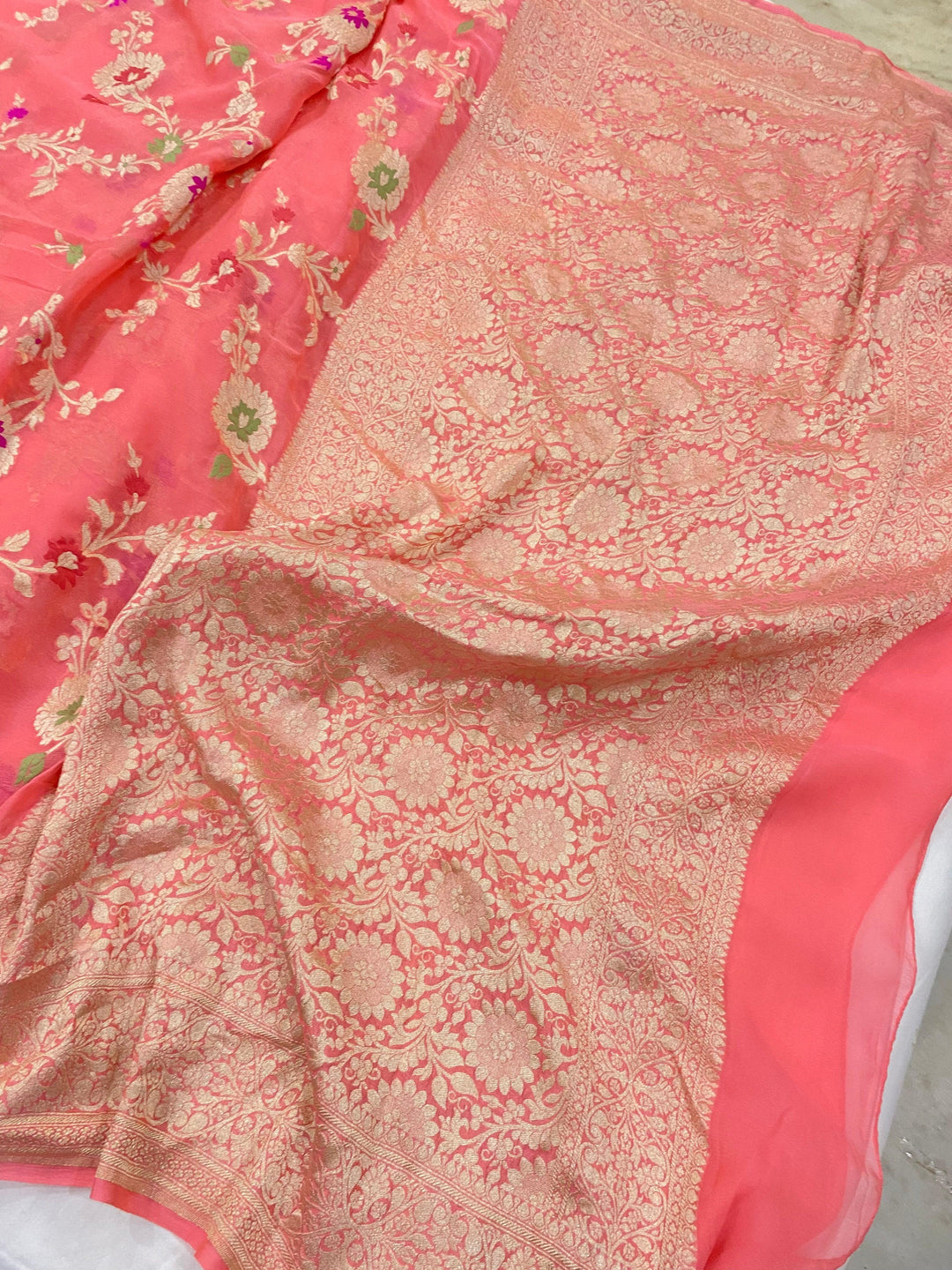Peach Banarasi Khaddi Georgette Saree - Aura Benaras