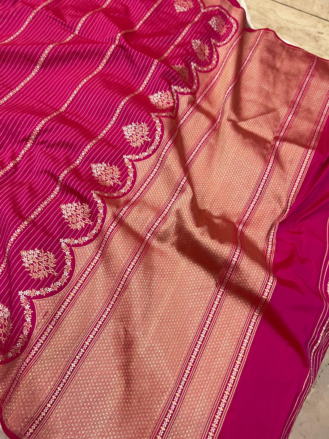 Handloom Banarasi saree pallu with Sona Rupa striped weaving and intricate Kadhwa work