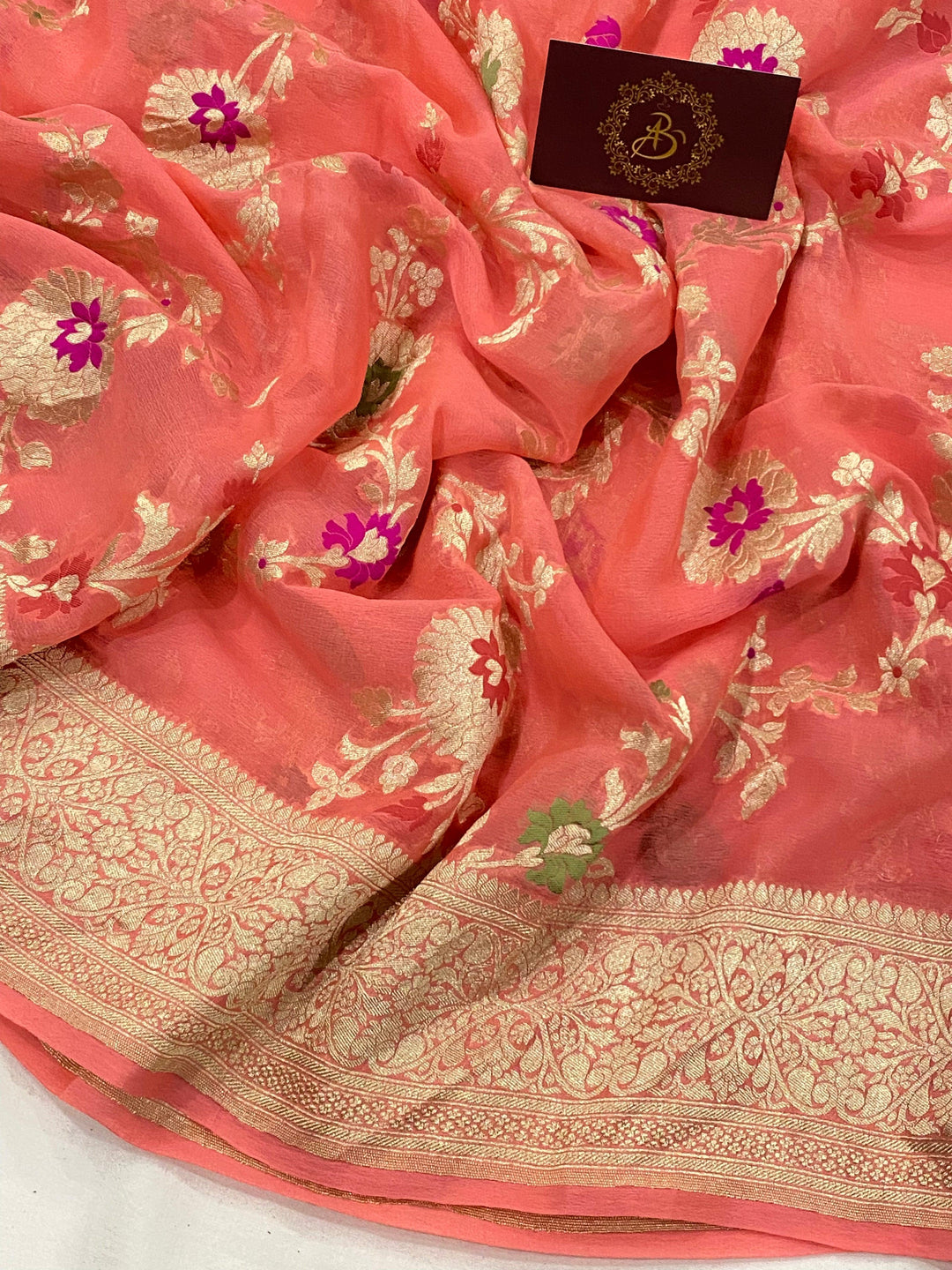 Peach Banarasi Khaddi Georgette Saree - Aura Benaras