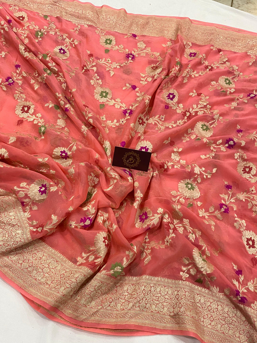 Peach Banarasi Khaddi Georgette Saree - Aura Benaras