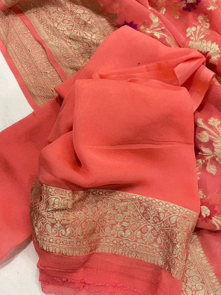 Peach Banarasi Khaddi Georgette Saree - Aura Benaras