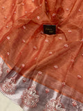 Orange Banarasi Handloom Semi Tissue Silk Saree - Aura Benaras