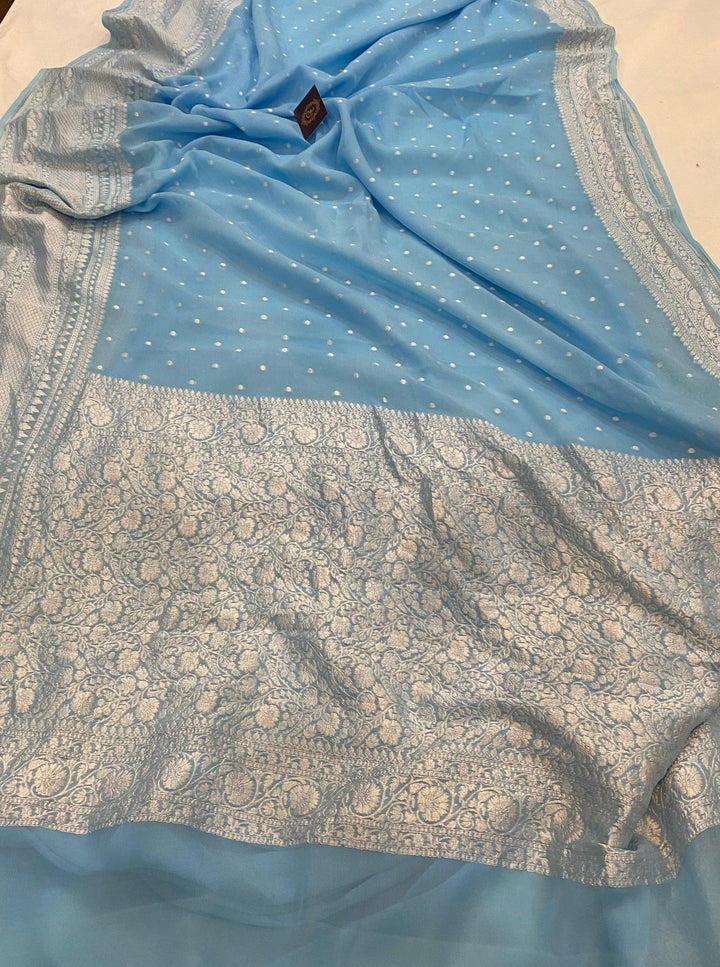 Blue Banarasi Handloom Pure Khaddi Georgette Silk Saree - Aura Benaras