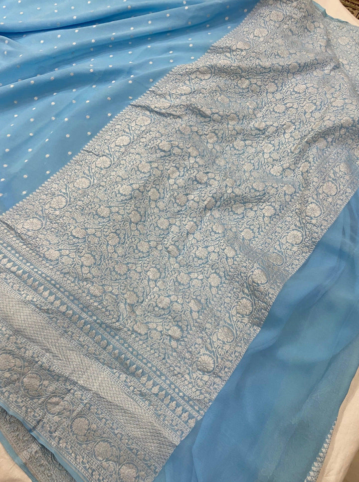 Blue Banarasi Handloom Pure Khaddi Georgette Silk Saree - Aura Benaras