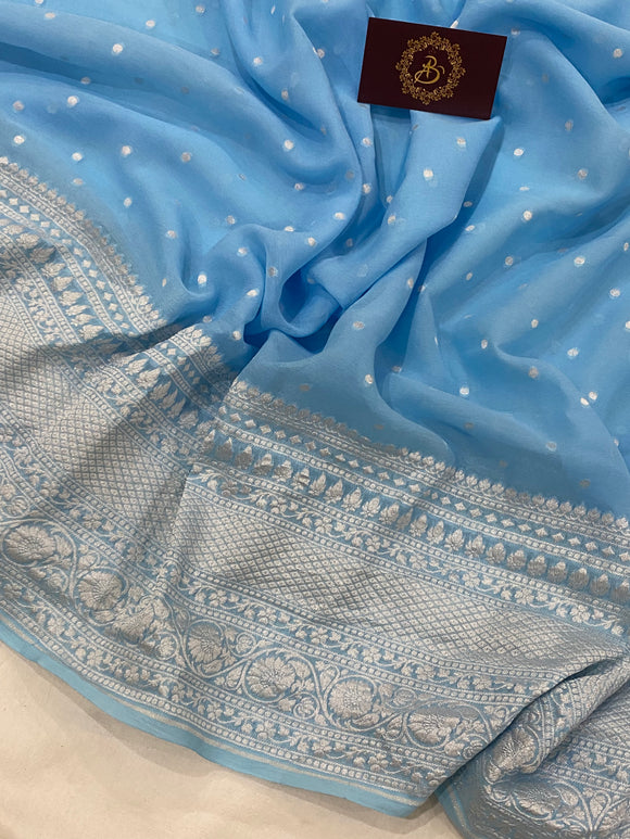 Blue Banarasi Handloom Pure Khaddi Georgette Silk Saree - Aura Benaras