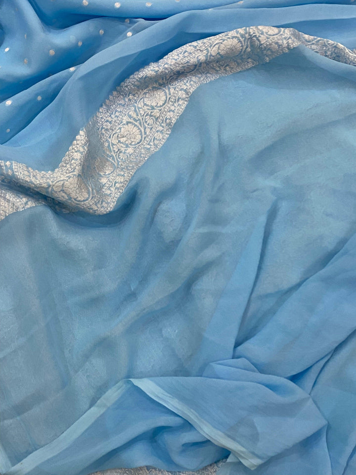 Blue Banarasi Handloom Pure Khaddi Georgette Silk Saree - Aura Benaras