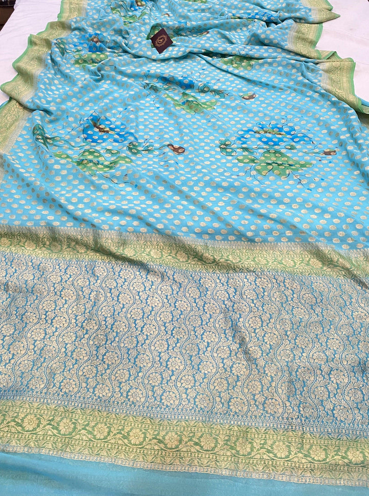 Blue Banarasi Handloom Pure Georgette Saree - Aura Benaras