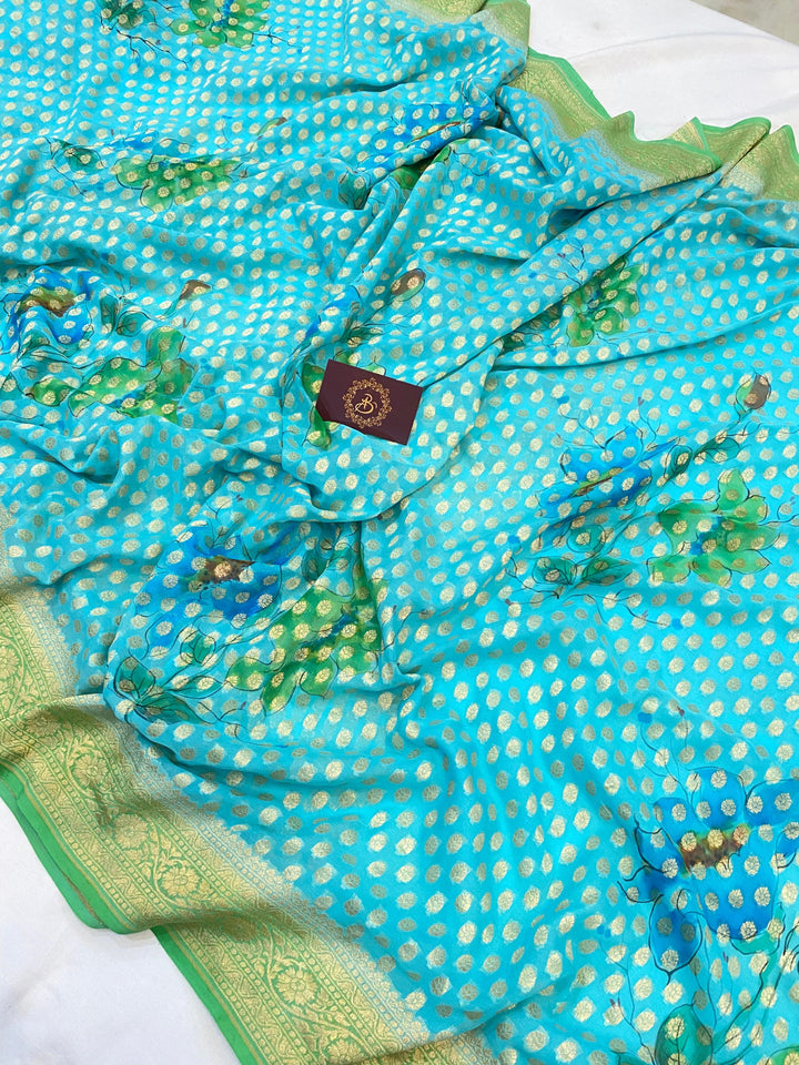 Blue Banarasi Handloom Pure Georgette Saree - Aura Benaras