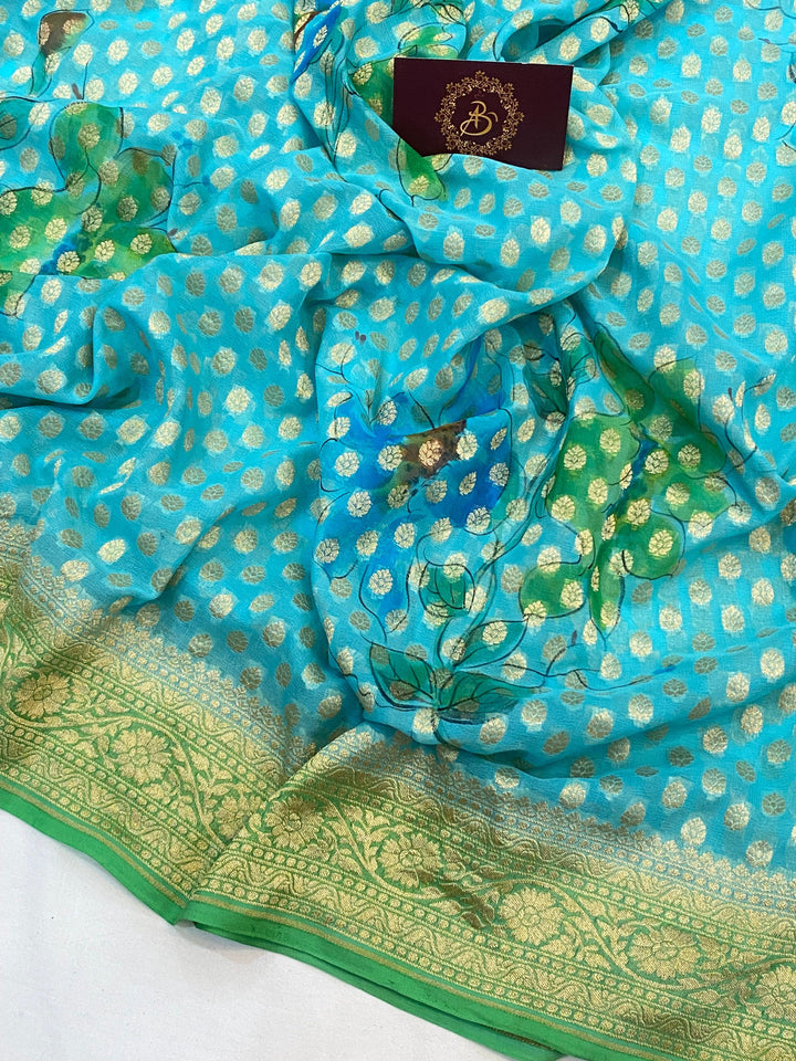 Blue Banarasi Handloom Pure Georgette Saree - Aura Benaras