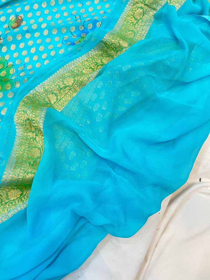 Blue Banarasi Handloom Pure Georgette Saree - Aura Benaras