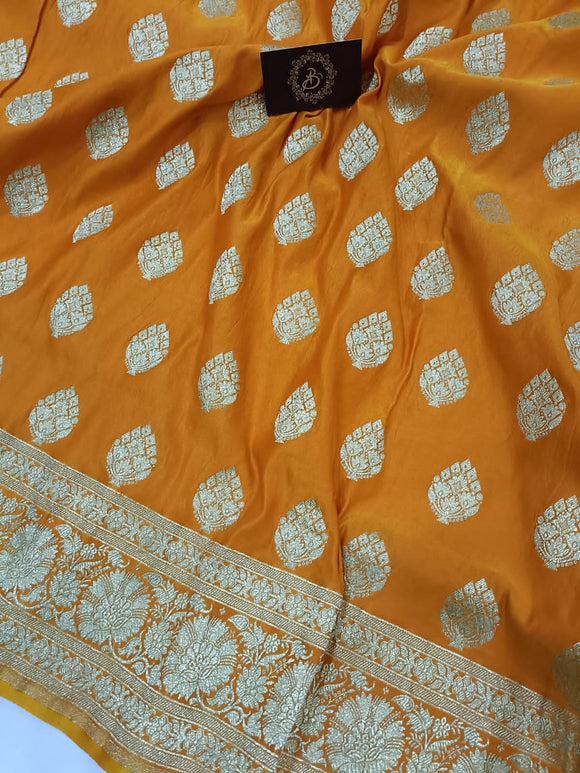 Orangish Yellow Banarasi Handloom Satin Silk Saree - Aura Benaras