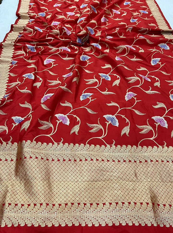 Red Jaal Pure Banarasi Handloom Katan Silk Saree - Aura Benaras