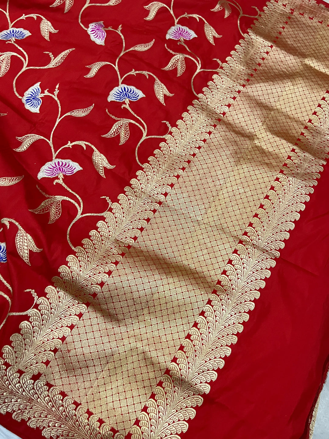 Red Jaal Pure Banarasi Handloom Katan Silk Saree - Aura Benaras