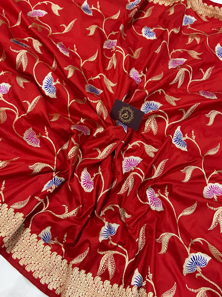 Red Jaal Pure Banarasi Handloom Katan Silk Saree - Aura Benaras