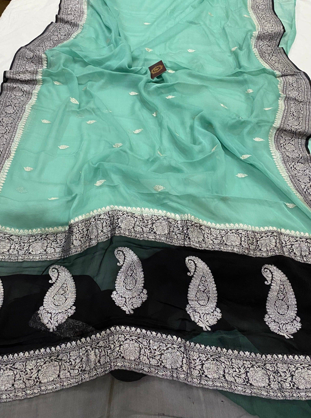 Greyish Green Khaddi Chiffon Banarasi Handloom Saree - Aura Benaras