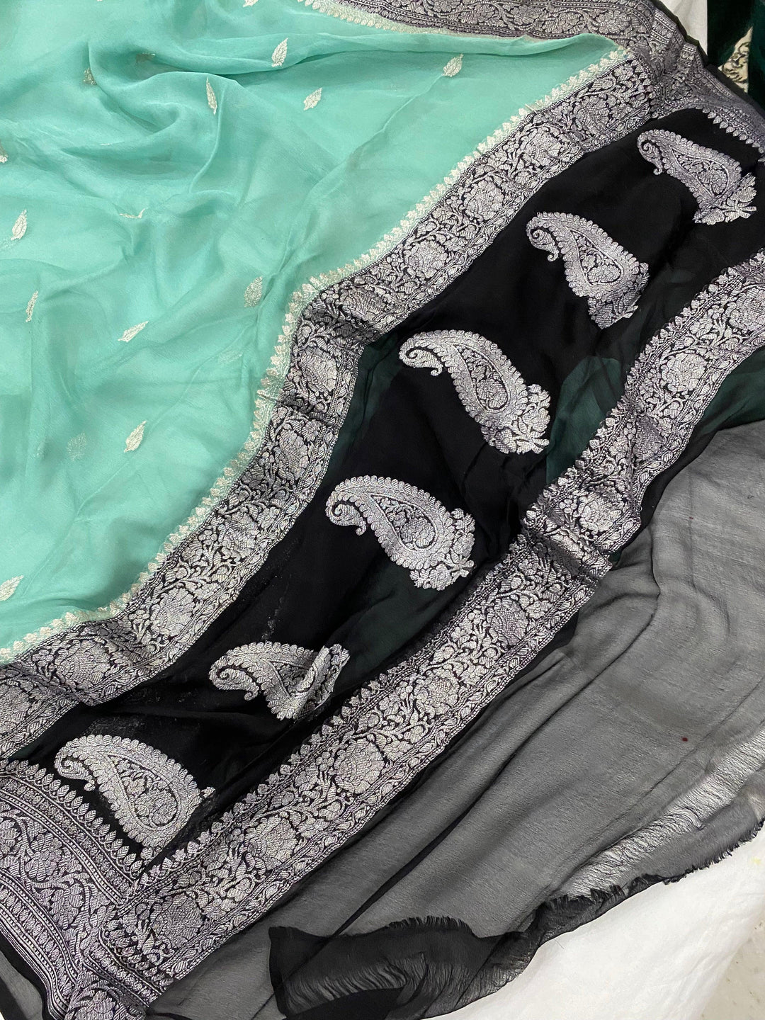 Greyish Green Khaddi Chiffon Banarasi Handloom Saree - Aura Benaras