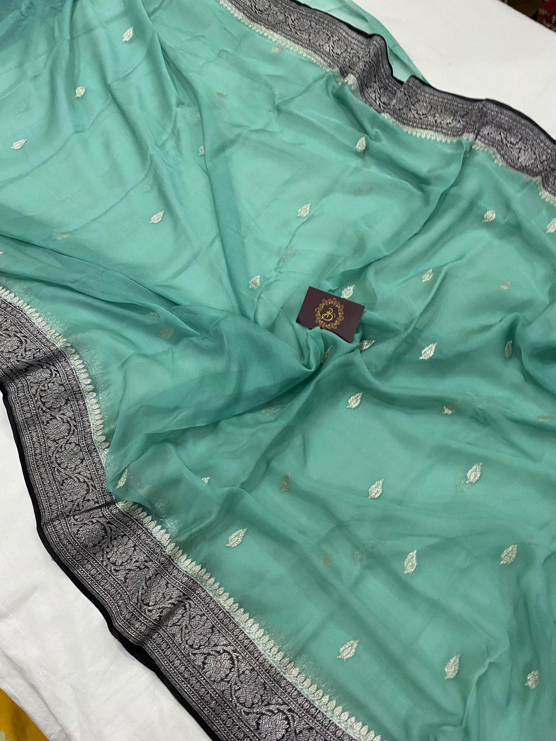 Greyish Green Khaddi Chiffon Banarasi Handloom Saree - Aura Benaras