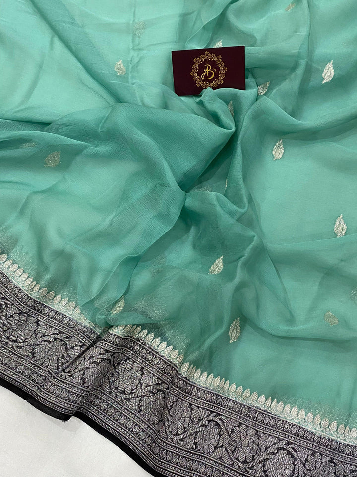 Greyish Green Khaddi Chiffon Banarasi Handloom Saree - Aura Benaras