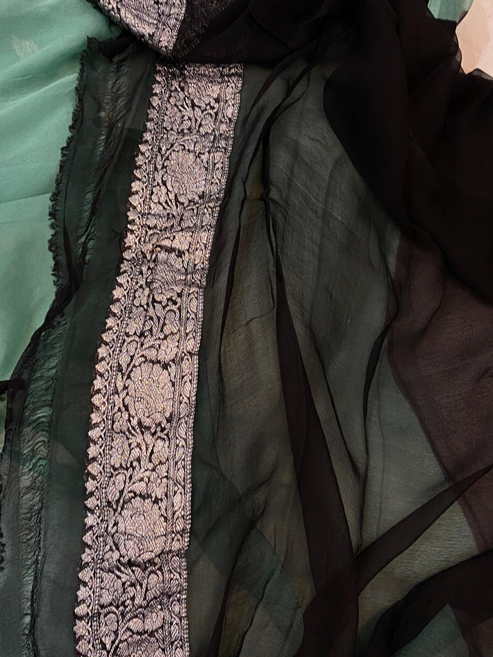 Greyish Green Khaddi Chiffon Banarasi Handloom Saree - Aura Benaras