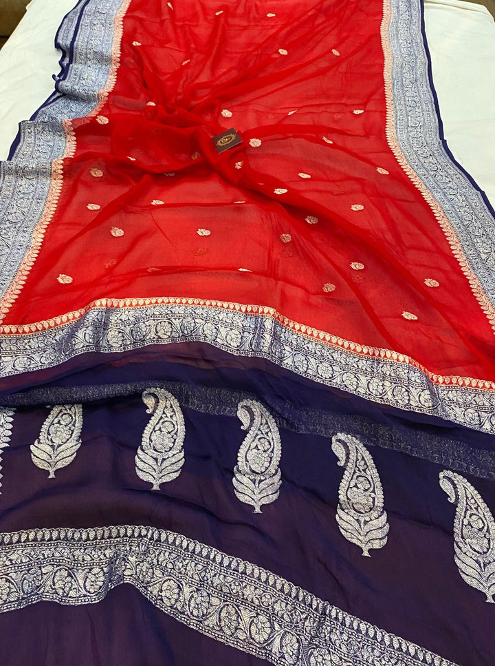 Red Khaddi Chiffon Banarasi Handloom Saree - Aura Benaras