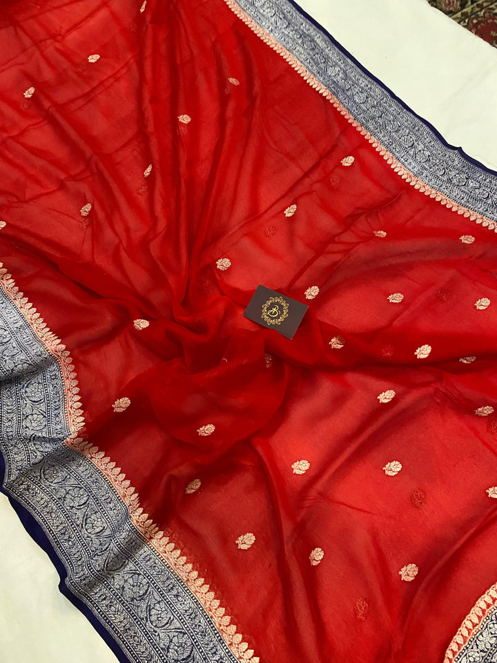 Red Khaddi Chiffon Banarasi Handloom Saree - Aura Benaras