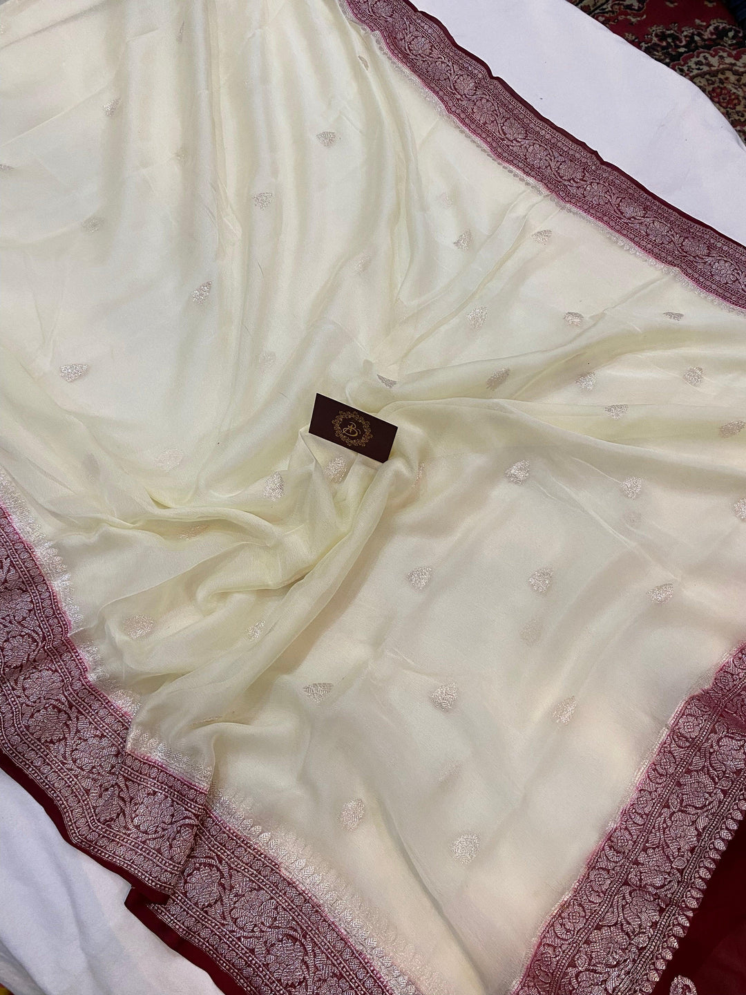Off White Khaddi Chiffon Banarasi Handloom Saree - Aura Benaras