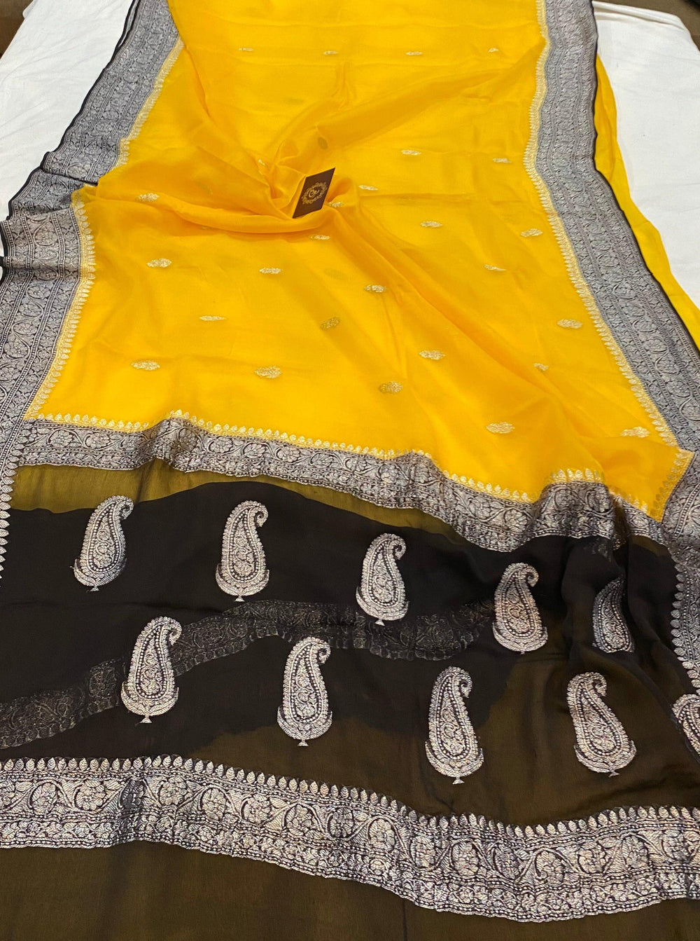 Yellow Khaddi Chiffon Banarasi Handloom Saree - Aura Benaras