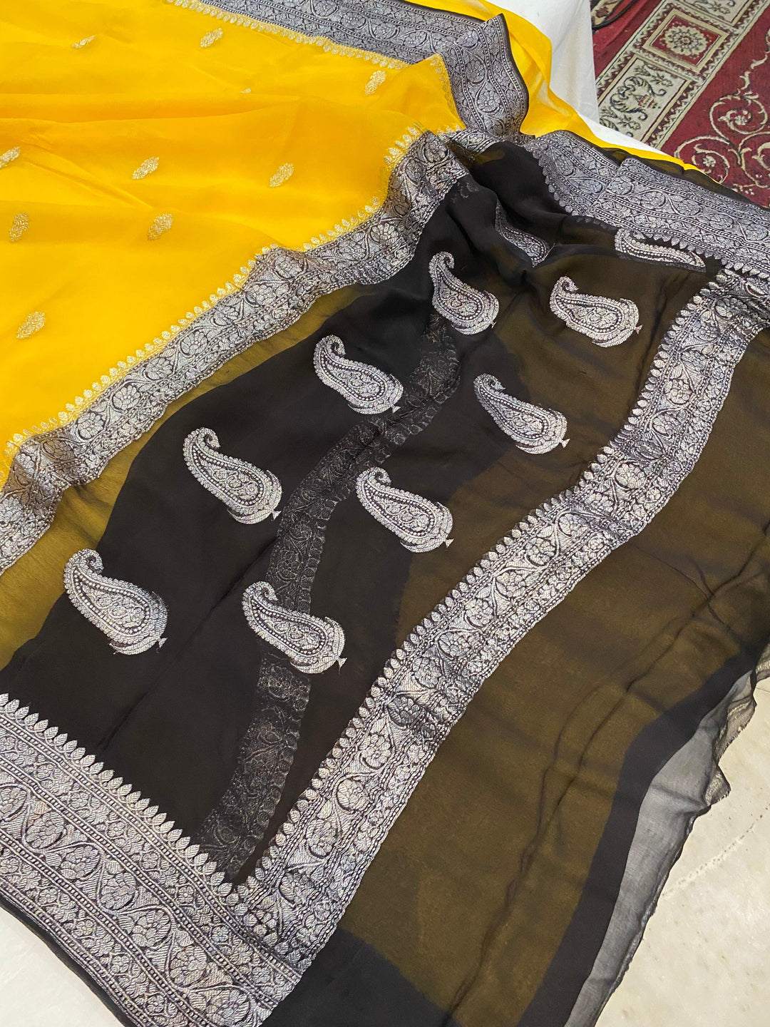 Yellow Khaddi Chiffon Banarasi Handloom Saree - Aura Benaras
