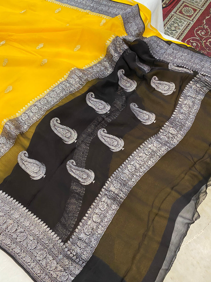 Yellow Khaddi Chiffon Banarasi Handloom Saree - Aura Benaras