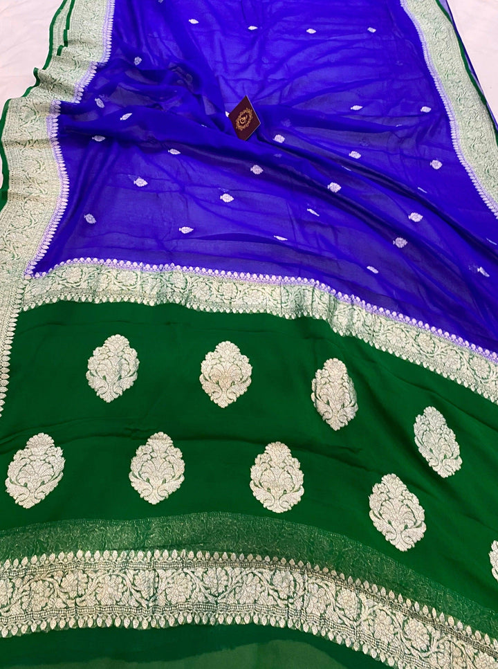 Royal Blue Khaddi Chiffon Banarasi Handloom Saree - Aura Benaras