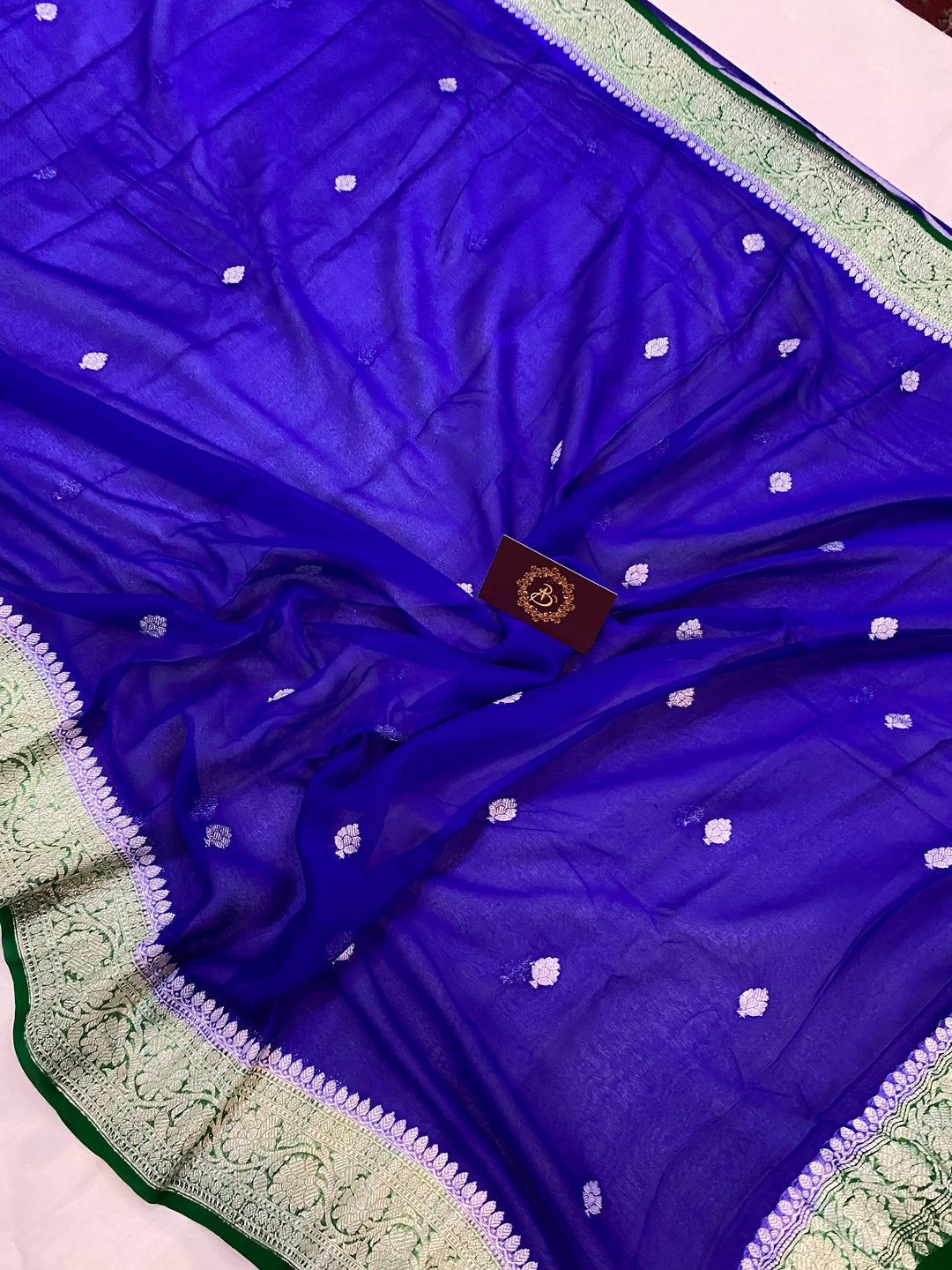 Royal Blue Khaddi Chiffon Banarasi Handloom Saree - Aura Benaras