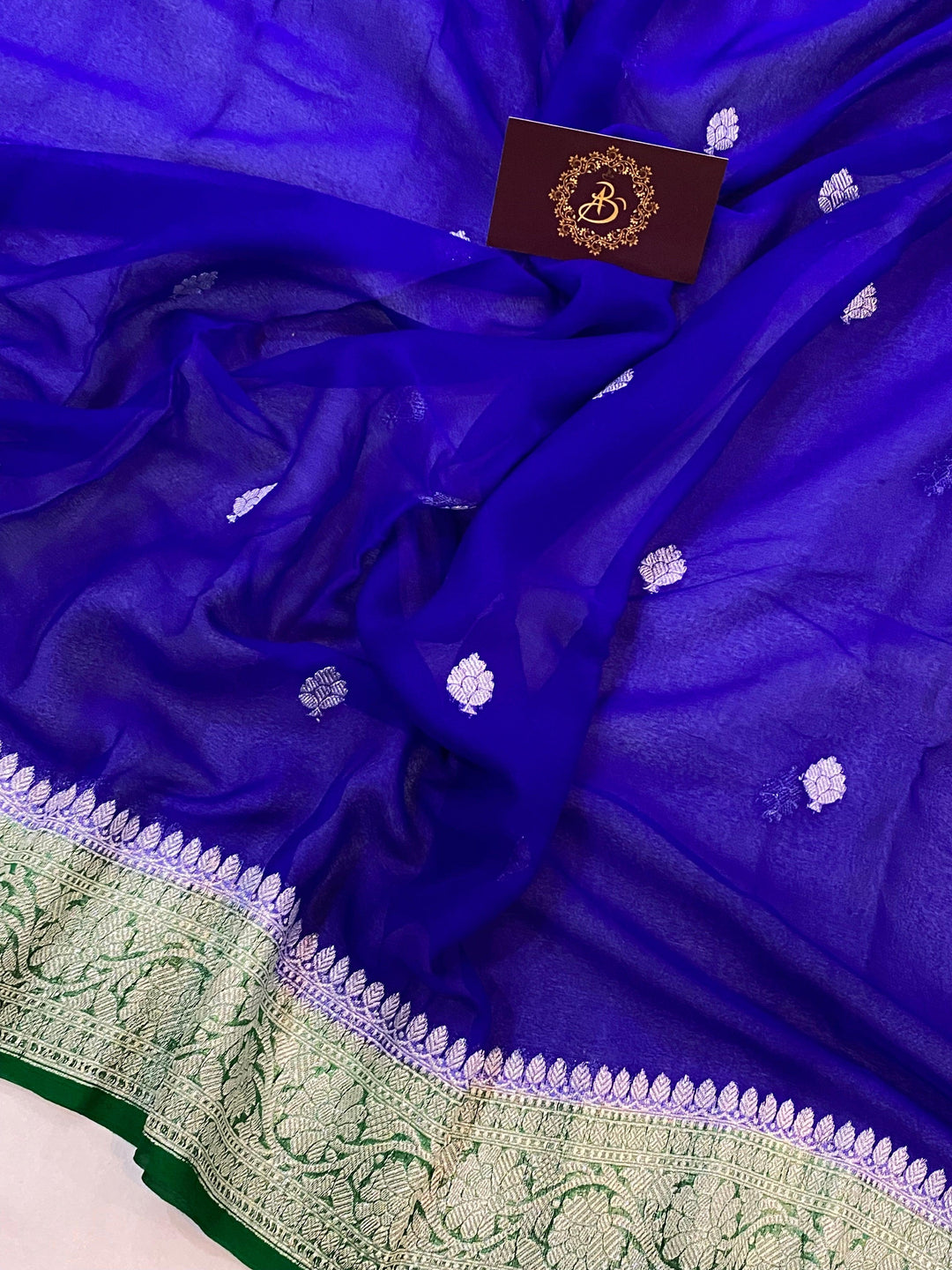 Royal Blue Khaddi Chiffon Banarasi Handloom Saree - Aura Benaras