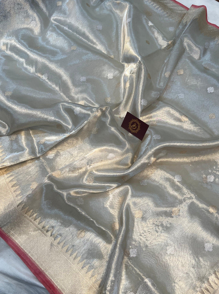 Silver Banarasi Handloom Pure Organza Tissue Saree - Aura Benaras