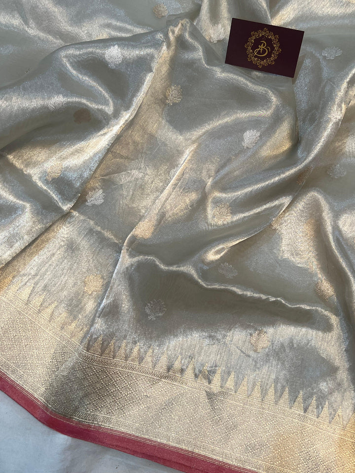 Silver Banarasi Handloom Pure Organza Tissue Saree - Aura Benaras
