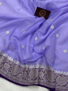 Lilac Khaddi Chiffon Banarasi Handloom Saree - Aura Benaras