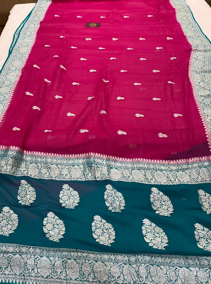 Rani Pink Khaddi Chiffon Banarasi Handloom Saree - Aura Benaras
