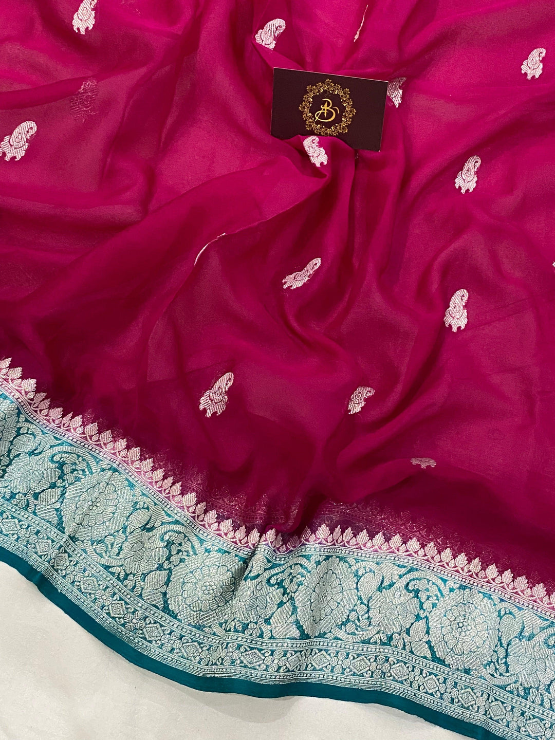 Rani Pink Khaddi Chiffon Banarasi Handloom Saree - Aura Benaras