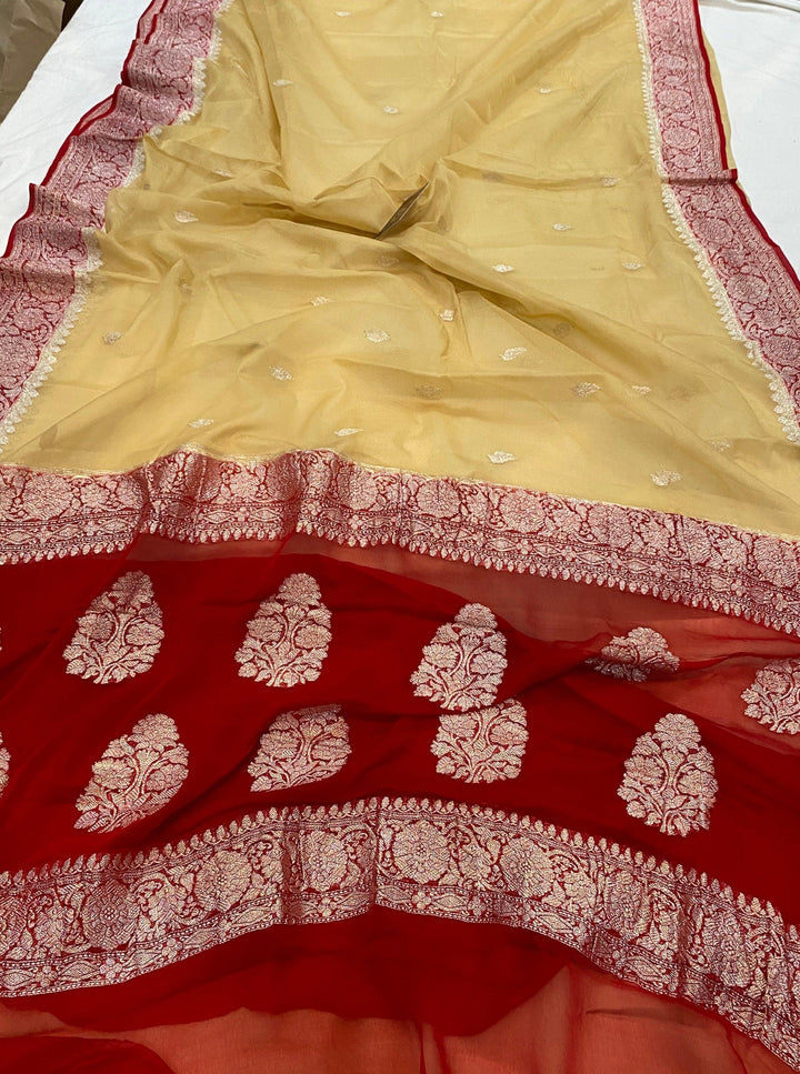 Beige Khaddi Chiffon Banarasi Handloom Saree - Aura Benaras
