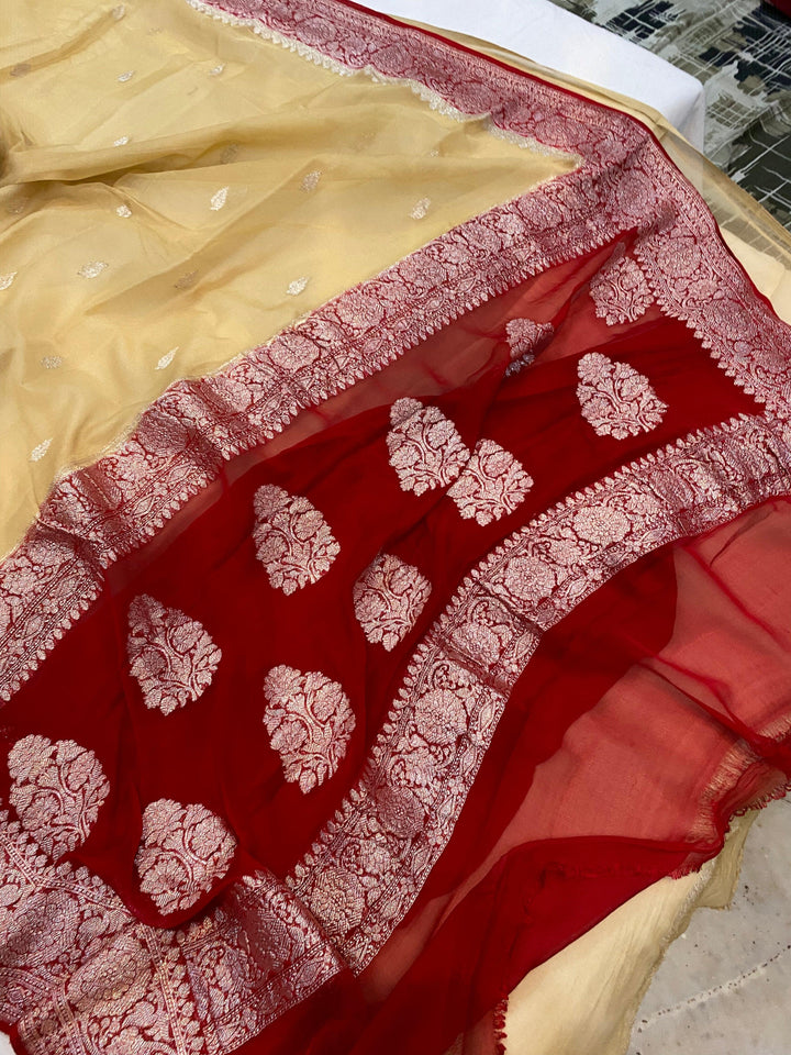 Beige Khaddi Chiffon Banarasi Handloom Saree - Aura Benaras