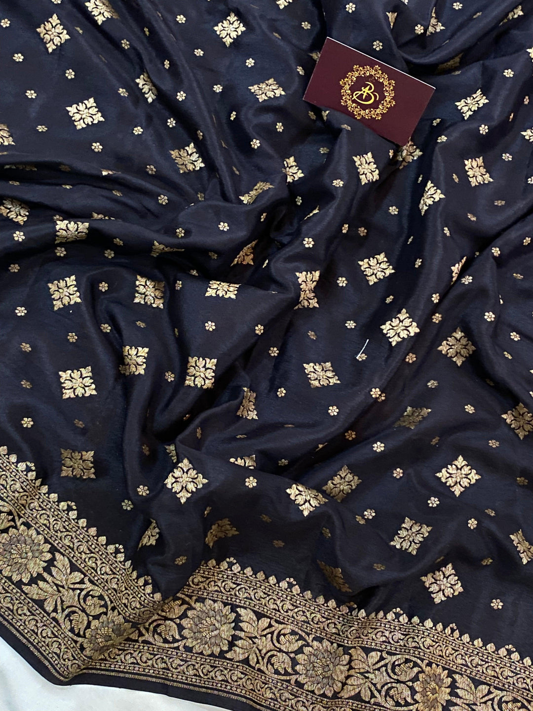 Black Pure Banarasi Khaddi Crepe Silk Saree - Aura Benaras