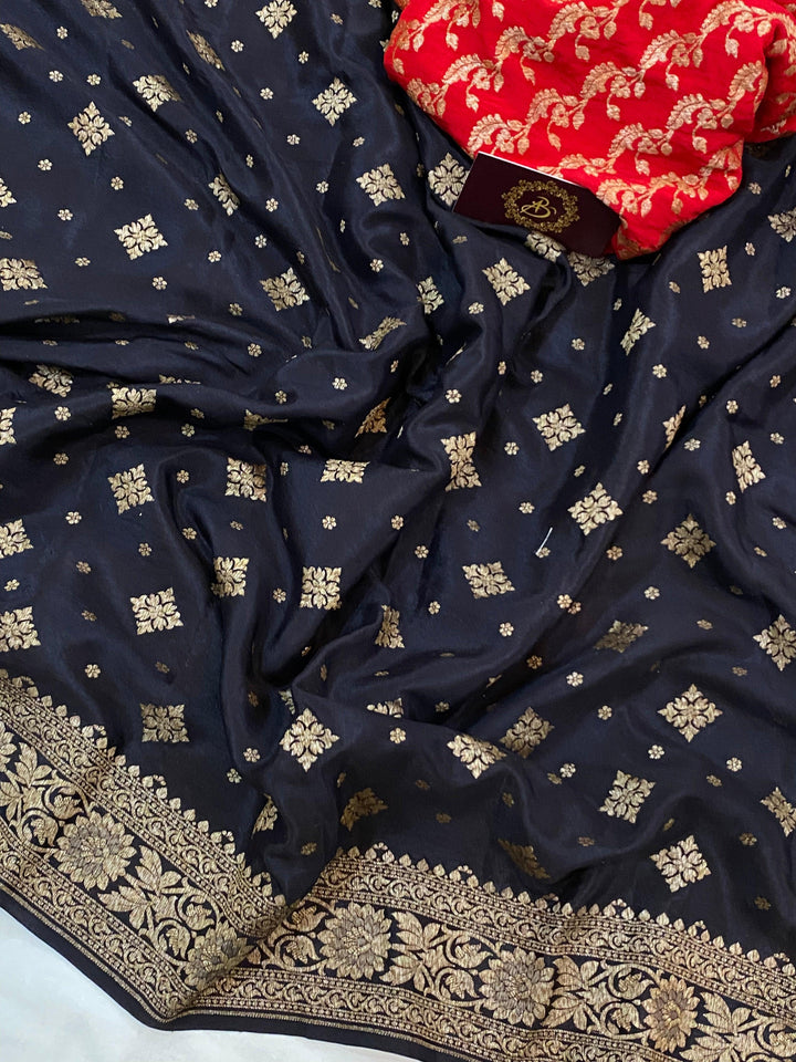 Black Pure Banarasi Khaddi Crepe Silk Saree - Aura Benaras
