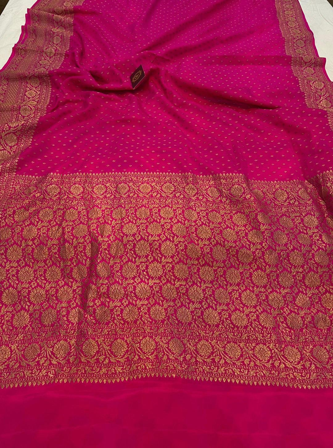 Rani Pink Pure Banarasi Khaddi Crepe Silk Saree - Aura Benaras