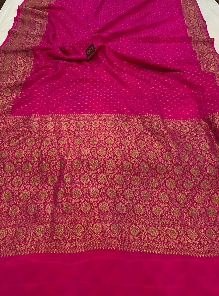 Rani Pink Pure Banarasi Khaddi Crepe Silk Saree - Aura Benaras