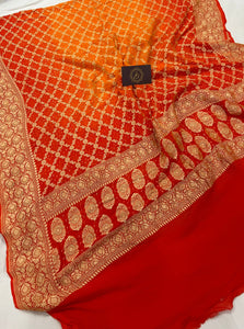 Orange Shaded Pure Banarasi Handloom Bandhani Georgette Dupatta - Aura Benaras