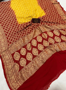 Yellow Red Pure Banarasi Handloom Bandhani Georgette Dupatta - Aura Benaras
