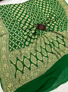Green Pure Banarasi Handloom Bandhani Georgette Dupatta - Aura Benaras
