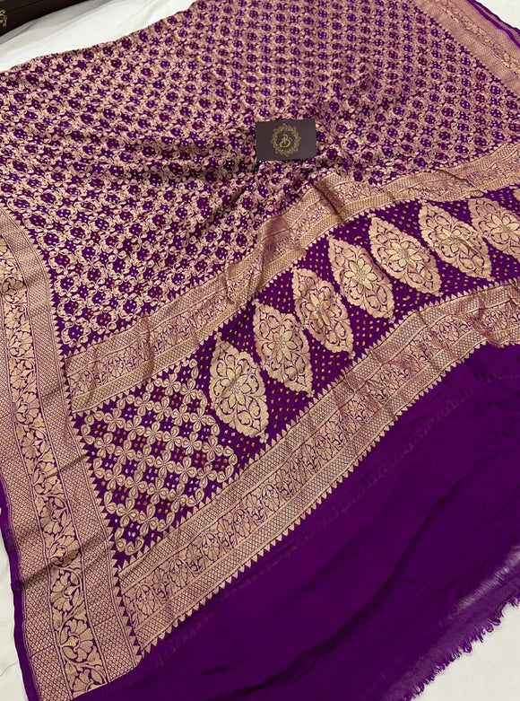 Purple Pure Banarasi Handloom Bandhani Georgette Dupatta - Aura Benaras
