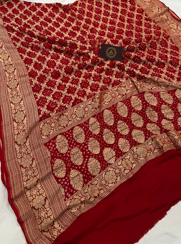 Red Pure Banarasi Handloom Bandhani Georgette Dupatta - Aura Benaras