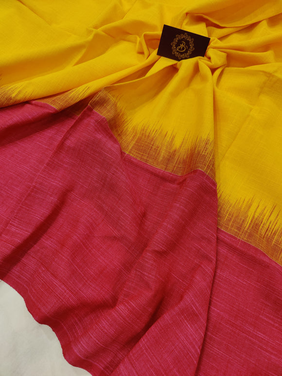 Yellow Banarasi Handloom Pure Linen Silk Saree - Aura Benaras