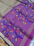 Greyish Brown Banarasi Handloom Pure Linen Silk Saree - Aura Benaras